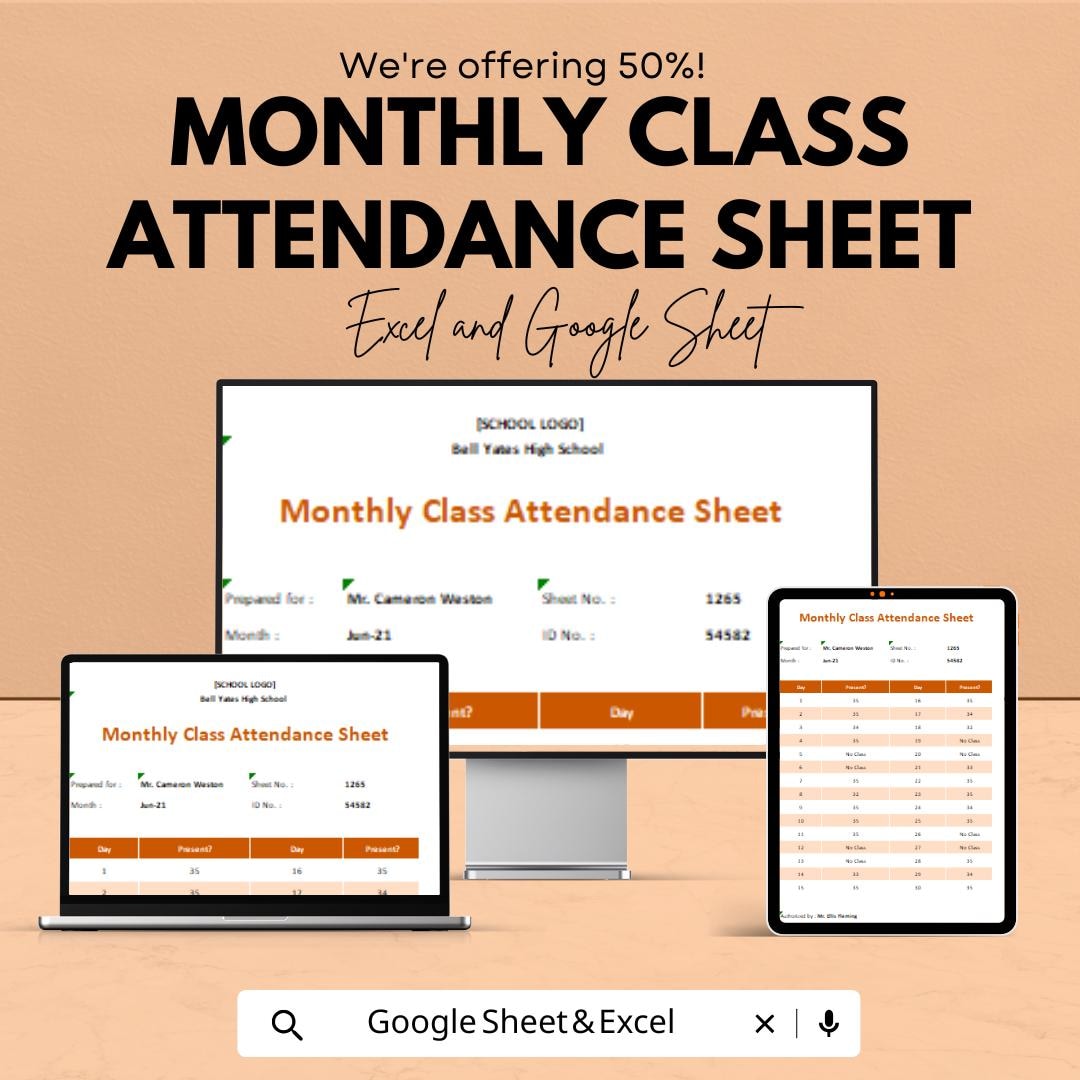 Monthly Class Attendance Sheet - Excel & Google Sheet Template for ...