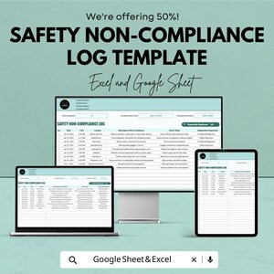 Puede incluir: Una imagen que muestra una "PLANTILLA DE REGISTRO DE NO CONFORMIDAD DE SEGURIDAD" para Excel y Google Sheet. El texto se muestra en un monitor de computadora, una computadora portátil y una tableta. El fondo es de color verde azulado claro. El texto "We're offering 50%!" está en la parte superior.