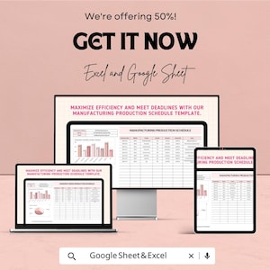 Op de afbeelding: Een advertentie voor een Excel- en Google Sheet-sjabloon voor productieplanning. De afbeelding toont een laptop, een desktopmonitor en een tablet met het sjabloon. Tekst bevat "Get it Now" en "Maximaliseer effici&euml;ntie en haal deadlines."