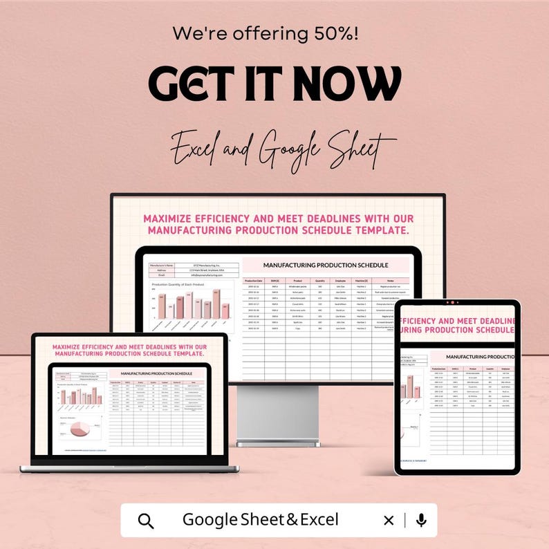 Op de afbeelding: Een advertentie voor een Excel- en Google Sheet-sjabloon voor productieplanning. De afbeelding toont een laptop, een desktopmonitor en een tablet met het sjabloon. Tekst bevat "Get it Now" en "Maximaliseer effici&euml;ntie en haal deadlines."