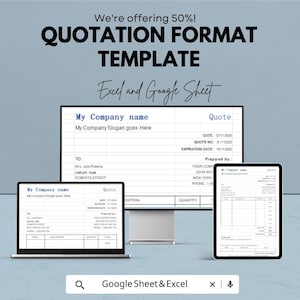 Könnte beinhalten: Digitales Bild einer Angebotsvorlage auf einem Laptop, Desktop-Monitor und Tablet. Der Text lautet "QUOTATION FORMAT TEMPLATE" und "Excel and Google Sheet". Der Hintergrund ist hellblau.