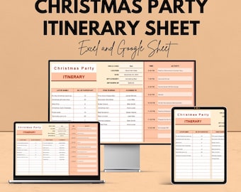 May include: A promotional image for a Christmas party itinerary sheet, displayed on a laptop, desktop monitor, and tablet. The text reads "We're offering 50%! CHRISTMAS PARTY ITINERARY SHEET Excel and Google Sheet."