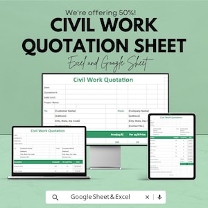 Op de afbeelding: Een advertentie voor een offerteblad voor civiele werken, weergegeven op een laptop, een desktopmonitor en een tablet. De tekst luidt: "We bieden 50%! OFFERTEBLAD CIVIELE WERKEN Excel en Google Sheet."
