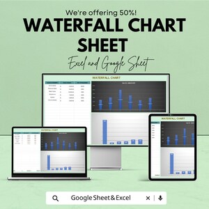 Pode incluir: Um anúncio para uma folha de gráfico de cascata, compatível com Excel e Google Sheets. A imagem mostra um laptop, um monitor de desktop e um tablet exibindo o gráfico. O texto "We're offering 50%!" está no topo.