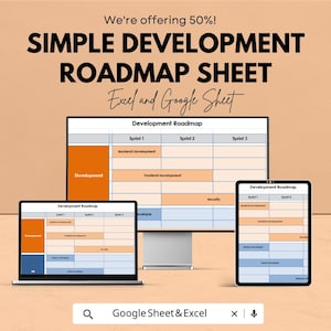 May include: An advertisement for a Simple Development Roadmap Sheet, displayed on a computer, laptop, and tablet. The text includes "Excel and Google Sheet" and "Development Roadmap". The image has a peach background.