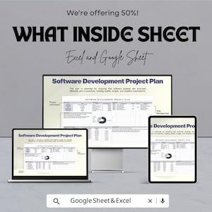 K&ouml;nnte beinhalten: Werbebild f&uuml;r eine Software-Entwicklungsprojektplan-Vorlage. Der Text lautet "WHAT INSIDE SHEET" und "Excel and Google Sheet". Der Plan wird auf einem Laptop, einem Desktop-Monitor und einem Tablet angezeigt, mit dem Text "Software Development Project Plan".