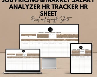 May include: A digital HR sheet displayed on a laptop, desktop monitor, and tablet. The sheet is labeled "Job Pricing & Market Salary Analyzer HR Tracker HR Sheet" and includes the text "Excel and Google Sheet". The image also includes the text "We're offering 50%!"