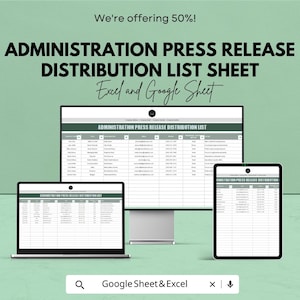 Op de afbeelding: Afbeelding met een digitaal product: een Administration Press Release Distribution List Sheet. De tekst op de afbeelding luidt "We're offering 50%!" en "Excel and Google Sheet". Het product wordt getoond op een laptop, een monitor en een tablet.