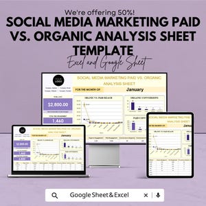May include: A digital marketing analysis sheet template displayed on a laptop, monitor, and tablet. The template compares paid vs. organic social media marketing data. The text includes "Social Media Marketing Paid vs. Organic Analysis Sheet" and "Google Sheet & Excel."