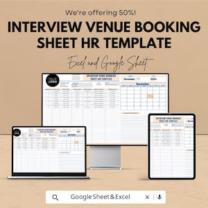 May include: An image showcasing an interview venue booking sheet HR template. The template is displayed on a laptop, a desktop monitor, and a tablet. The text includes "Interview Venue Booking Sheet HR Template", "Excel and Google Sheet", and "We're offering 50%!"