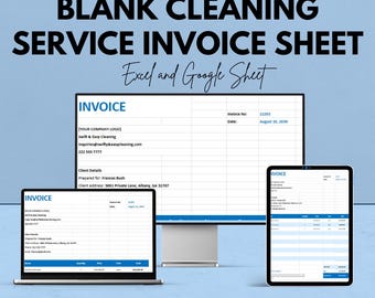 Modèle vierge de facture de service de nettoyage - Feuilles Excel et Google personnalisables - Professionnel, facile à utiliser