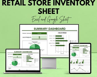 May include: A promotional image for a retail store inventory sheet. The image shows a computer monitor, laptop, and tablet displaying a summary dashboard. The text includes "Retail Store Inventory Sheet" and "Excel and Google Sheet".