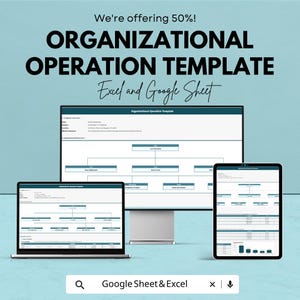 May include: An advertisement for an organizational operation template, displayed on a laptop, desktop monitor, and tablet. The text reads "We're offering 50%! ORGANIZATIONAL OPERATION TEMPLATE Excel and Google Sheet."