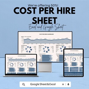 May include: An advertisement for a cost-per-hire sheet, displayed on a laptop, desktop monitor, and tablet. The text reads "We're offering 50%! COST PER HIRE SHEET Excel and Google Sheet." The screens display charts and graphs.