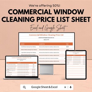 Pode incluir: Imagem promocional para serviços de limpeza de janelas comerciais. A imagem exibe uma lista de preços em um monitor de computador, laptop e tablet. O texto inclui "Commercial Window Cleaning Price List Sheet" e "Excel and Google Sheet."