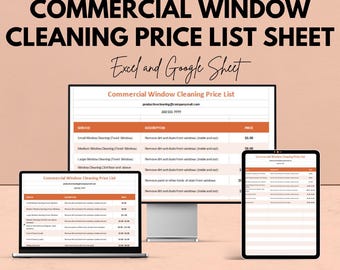 Può includere: Immagine promozionale per servizi di pulizia vetri commerciali. L'immagine mostra un listino prezzi su un monitor di computer, un laptop e un tablet. Il testo include "Commercial Window Cleaning Price List Sheet" e "Excel and Google Sheet."
