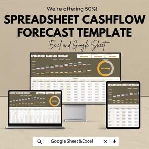Puede incluir: Imagen promocional para una plantilla de previsión de flujo de caja en hoja de cálculo. El texto dice: "¡Ofrecemos un 50%! PLANTILLA DE PREVISIÓN DE FLUJO DE CAJA DE HOJA DE CÁLCULO Excel y Google Sheet." La plantilla se muestra en un monitor de ordenador, un portátil y una tableta.