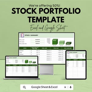 May include: A stock portfolio template displayed on a laptop, desktop monitor, and tablet. The template shows financial data with charts and graphs. Text at the top reads "We're offering 50%! STOCK PORTFOLIO TEMPLATE Excel and Google Sheet."