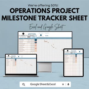 Könnte beinhalten: Eine digitale Anzeige eines Operationsprojekt-Meilenstein-Tracker-Blatts, sichtbar auf einem Laptop, einem Desktop-Monitor und einem Tablet. Der Text lautet "OPERATIONS PROJECT MILESTONE TRACKER SHEET" und "Excel and Google Sheet". Das Bild zeigt auch "We're offering 50%!"