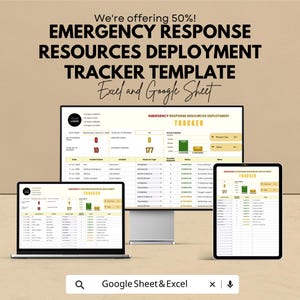 Pode incluir: Uma exibição digital de um modelo de rastreamento de implantação de recursos de resposta a emergências, mostrando dados em um laptop, um monitor de desktop e um tablet. O texto inclui "Emergency Response Resources Deployment Tracker Template" e "Excel and Google Sheet".