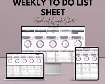 Weekly To Do List Sheet - Google Sheets Template for Task Organization, Prioritize Weekly Tasks, Productivity Tracker, Task Completion Rate