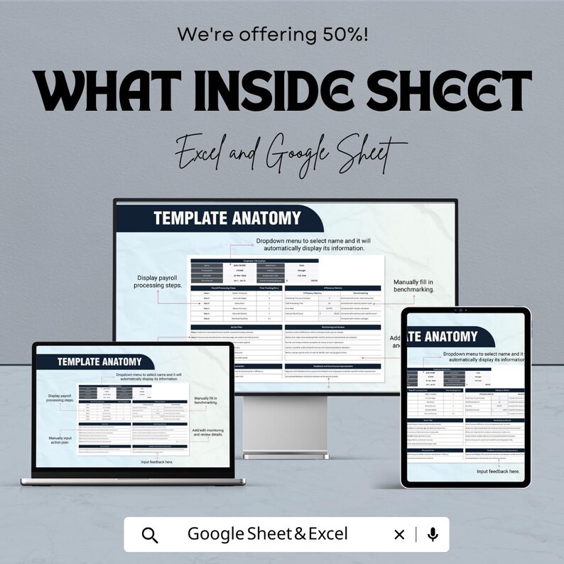 Pode incluir: An&uacute;ncio de um modelo "WHAT INSIDE SHEET" para Excel e Google Sheets. A imagem mostra um monitor de computador, um laptop e um tablet exibindo o modelo. O texto inclui "TEMPLATE ANATOMY" e "We're offering 50%!"