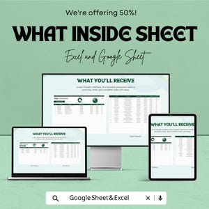 K&ouml;nnte beinhalten: Werbung f&uuml;r ein digitales Produkt mit einem Computermonitor, Laptop und Tablet, die eine Tabellenkalkulations-Oberfl&auml;che anzeigen. Der Text lautet "WHAT INSIDE SHEET" und "Excel and Google Sheet". Das Bild enth&auml;lt auch den Text "We're offering 50%!"