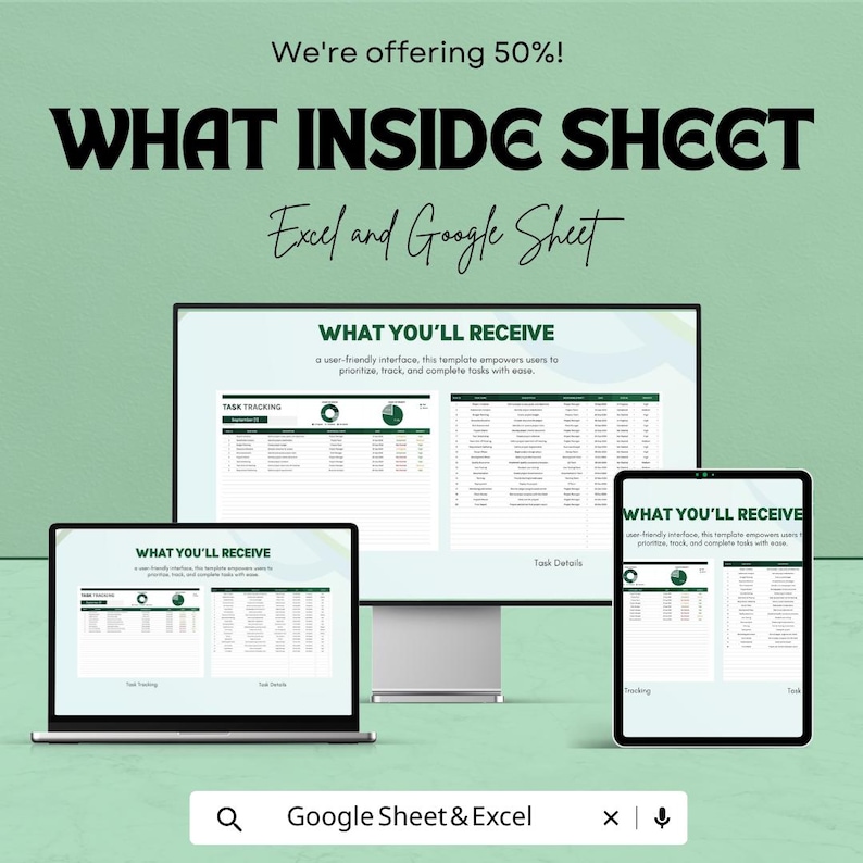 K&ouml;nnte beinhalten: Werbung f&uuml;r ein digitales Produkt mit einem Computermonitor, Laptop und Tablet, die eine Tabellenkalkulations-Oberfl&auml;che anzeigen. Der Text lautet "WHAT INSIDE SHEET" und "Excel and Google Sheet". Das Bild enth&auml;lt auch den Text "We're offering 50%!"