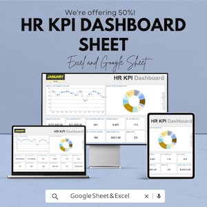 KPI Dashboard Template - Google Sheet and Excel - Employee Performance and Metrics Tracker - KPI Dashboard Sheet - HR Analytics Tool
