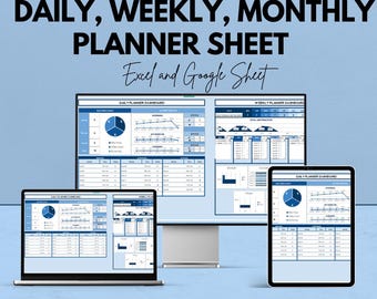 Daily, Weekly, Monthly Planner Sheet | Excel and Google Sheets Template | Task Management, Goal Setting & Scheduling Tool