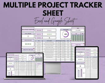 May include: A digital project tracker sheet displayed on a laptop, monitor, and tablet. The text reads "MULTIPLE PROJECT TRACKER SHEET Excel and Google Sheet". The image includes charts, graphs, and data tables. The text "We're offering 50%!" is at the top.