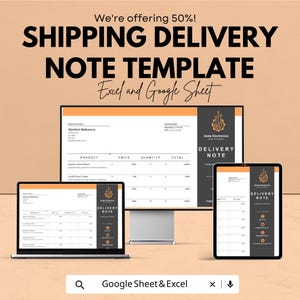 Könnte beinhalten: Eine digitale Lieferscheinvorlage, die auf einem Laptop, einem Desktop-Monitor und einem Tablet angezeigt wird. Der Text auf dem Bildschirm lautet "SHIPPING DELIVERY NOTE TEMPLATE" und "Excel and Google Sheet". Das Logo von Acme Electronics ist sichtbar.