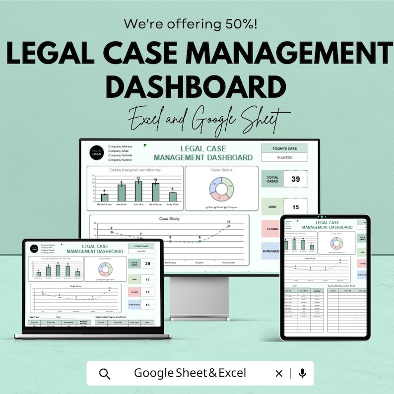 May include: A digital display of a legal case management dashboard, showcasing data visualizations on a laptop, desktop monitor, and tablet. The dashboard includes charts, graphs, and numerical data, with the text "LEGAL CASE MANAGEMENT DASHBOARD" and "Excel and Google Sheet".