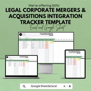 Può includere: Un modello digitale per l'integrazione di fusioni e acquisizioni aziendali legali, visualizzato su un laptop, un monitor desktop e un tablet. Il testo include "We're offering 50%!" e "Excel and Google Sheet".