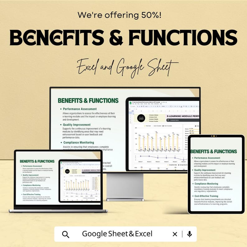 Może przedstawiać: Reklama korzyści i funkcji Excela i Arkuszy Google, wyświetlana na laptopie, monitorze komputera stacjonarnego i tablecie. Tekst zawiera "We're offering 50%! BENEFITS & FUNCTIONS Excel and Google Sheet". Ekrany pokazują wykresy i listy korzyści.