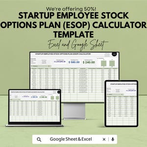 May include: A digital Startup Employee Stock Options Plan (ESOP) calculator template for Excel and Google Sheets displayed on a desktop monitor, a laptop, and a tablet. The interface features data tables, financial metrics, and tax implication charts.