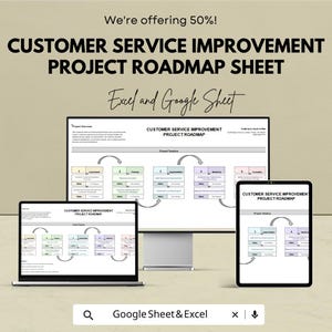 Puede incluir: Una hoja de ruta digital del proyecto de mejora del servicio al cliente que se muestra en una computadora portátil, un monitor de escritorio y una tableta. El texto incluye "Customer Service Improvement Project Roadmap Sheet" y "Excel and Google Sheet". La imagen también dice "We're offering 50%!"