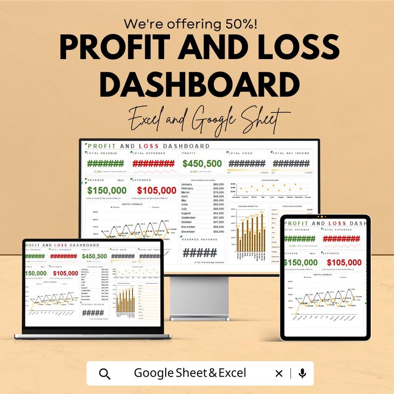 Profit and Loss Dashboard Sheet for Excel and Google Sheets | Financial ...