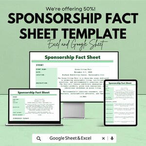 May include: A digital mockup of a sponsorship fact sheet template, displayed on a laptop, desktop monitor, and tablet. The text reads "Sponsorship Fact Sheet Template" and "Excel and Google Sheet". The background is a light green color.
