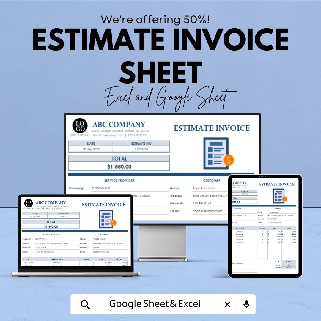 Estimate Invoice Sheet | Excel and Google Sheets | Customizable Invoice ...