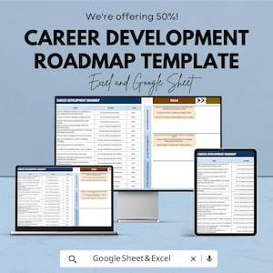 May include: A digital career development roadmap template displayed on a laptop, desktop monitor, and tablet. The template is for Excel and Google Sheets, with the text "CAREER DEVELOPMENT ROADMAP TEMPLATE" and "2024" visible. The image also includes the text "We're offering 50%!"