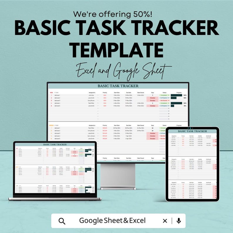 May include: A digital task tracker template displayed on a laptop, desktop monitor, and tablet. The text "BASIC TASK TRACKER TEMPLATE" is prominently featured, along with "Excel and Google Sheet". The image also includes the text "We're offering 50%!"
