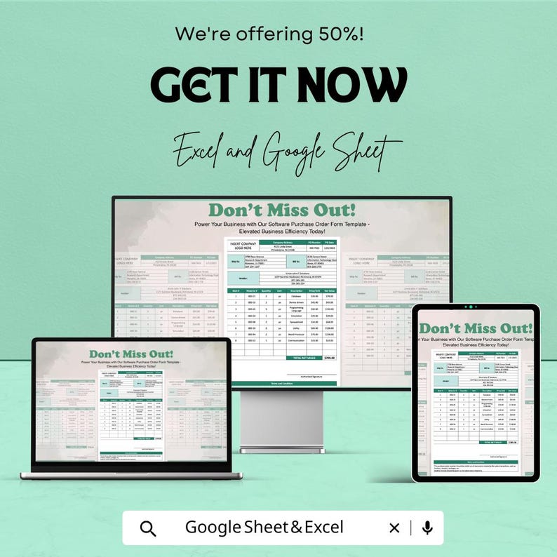 Software Purchase Order Form Sheet for Excel & Google Sheets ...