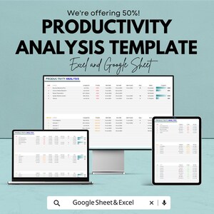 May include: An advertisement for a productivity analysis template, offering a 50% discount. The text "PRODUCTIVITY ANALYSIS TEMPLATE" is displayed prominently. The image shows the template on a laptop, desktop monitor, and tablet. The text "Excel and Google Sheet" is also visible.