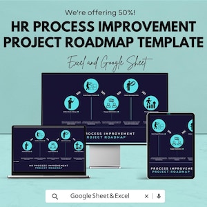 May include: A digital HR Process Improvement Project Roadmap Template displayed on a laptop, desktop monitor, and tablet. The template is designed for Excel and Google Sheets, with a teal and navy blue color scheme. The text reads "We're offering 50%!"