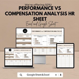 May include: An advertisement for a performance vs. compensation analysis HR sheet, shown on a laptop, desktop monitor, and tablet. The text includes "We're offering 50%!" and "Excel and Google Sheet". The sheet displays performance rating and compensation summary data.