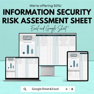 Op de afbeelding: Een advertentie voor een informatiebeveiligingsrisicobeoordelingsblad. De tekst luidt "INFORMATION SECURITY RISK ASSESSMENT SHEET" en "Excel and Google Sheet". De afbeelding toont een computer, laptop en tablet met het blad.