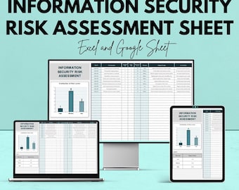 以下が含まれることがあります： 情報セキュリティリスクアセスメントシートの広告。「INFORMATION SECURITY RISK ASSESSMENT SHEET」と「Excel and Google Sheet」と書かれています。画像には、シートを表示しているコンピューター、ラップトップ、タブレットが表示されています。