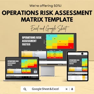 Puede incluir: Una imagen que muestra una plantilla de matriz de evaluación de riesgos operativos en una computadora portátil, un monitor de escritorio y una tableta. El texto dice "We're offering 50%! OPERATIONS RISK ASSESSMENT MATRIX TEMPLATE Excel and Google Sheet."