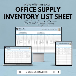 Puede incluir: Una hoja de lista de inventario de material de oficina que se muestra en un monitor de ordenador, un portátil y una tableta. El texto dice "OFFICE SUPPLY INVENTORY LIST SHEET Excel and Google Sheet". El fondo es de color azul claro.